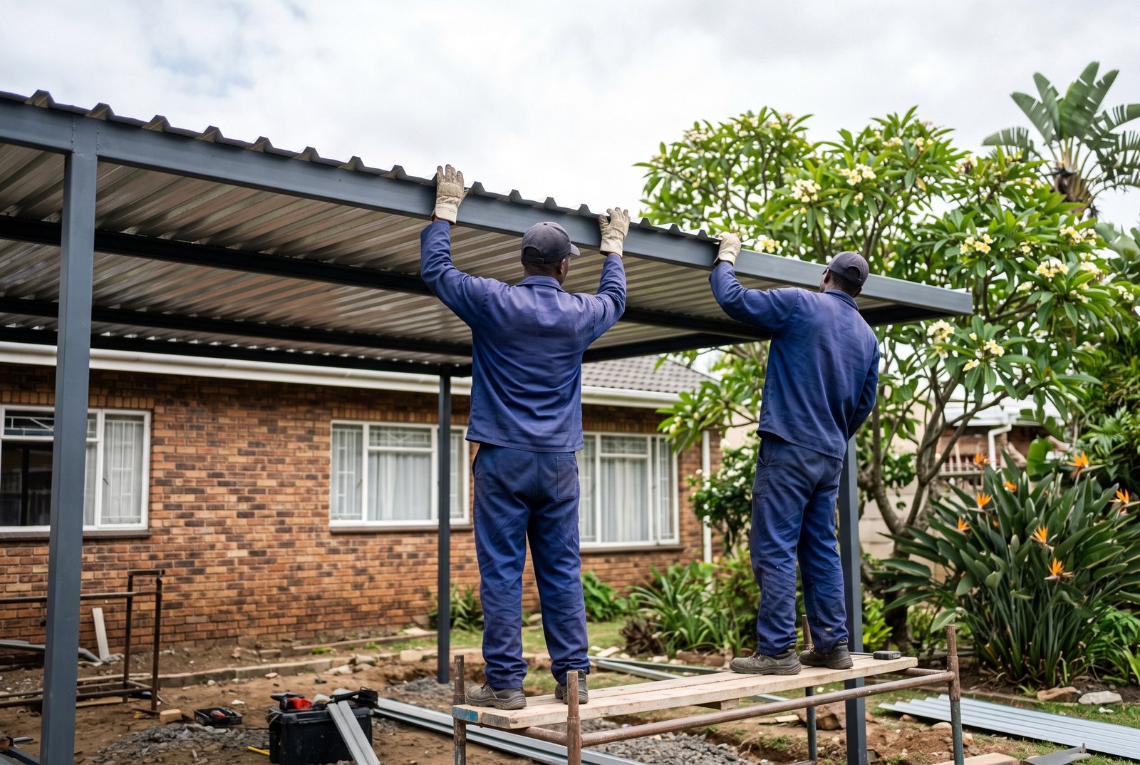Carport installation crew fitting IBR roof sheeting to a steel carport frame in KwaZulu-Natal